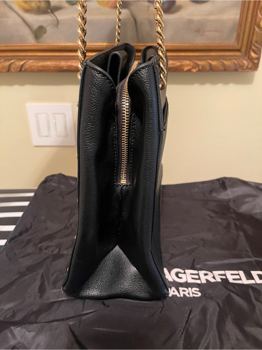 Karl Lagerfeld Black Leather Tote with Gold Stud Chevron & Chain Straps - Picture 8 of 14